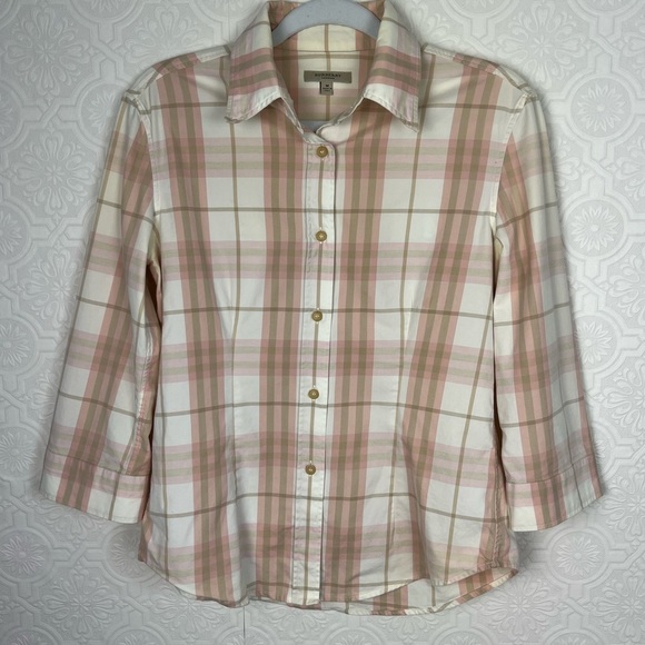 Burberry Plaid Button Down Shirt Pink Cream Neutrals Pastels Career Work Wear - Picture 1 of 8